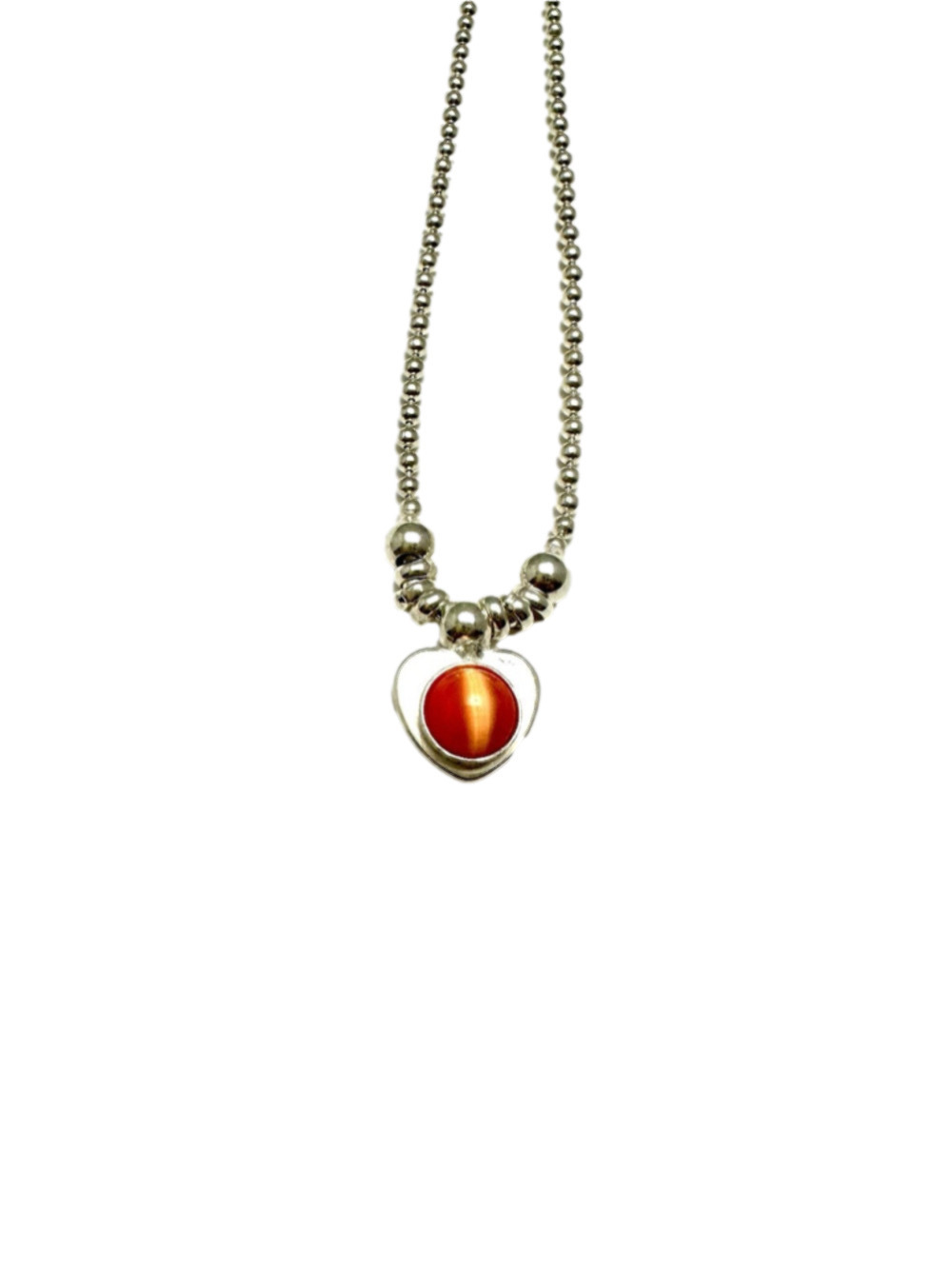Vintage Italy 925 Sterling Silver Heart Bracelet - Orange Cat's Eye Stone - 7.5"